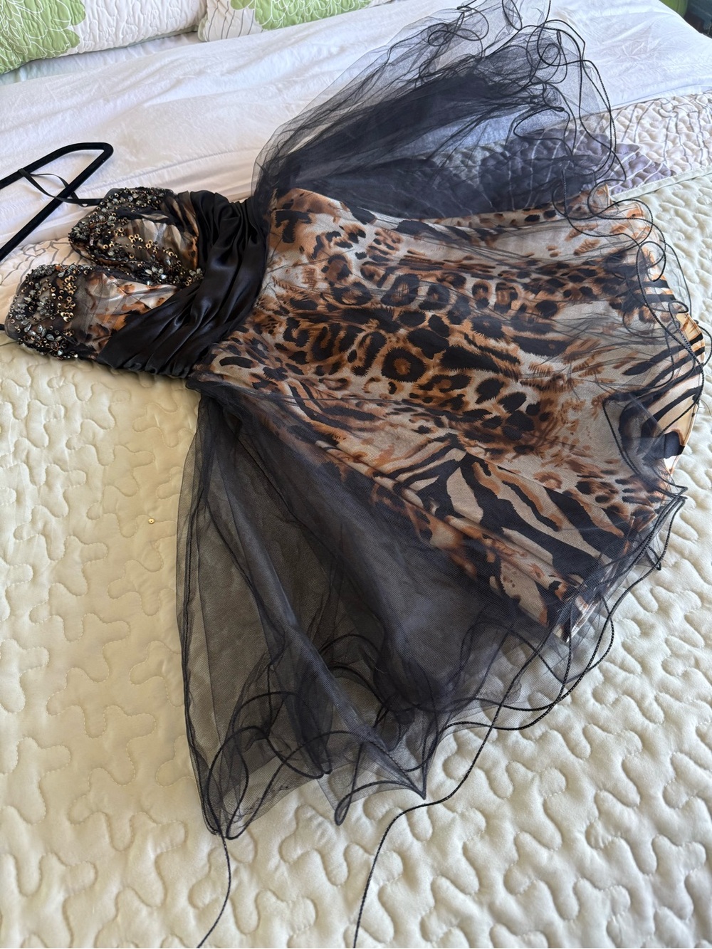 Beaded Leopard Print Party Dress with Black Tulle
